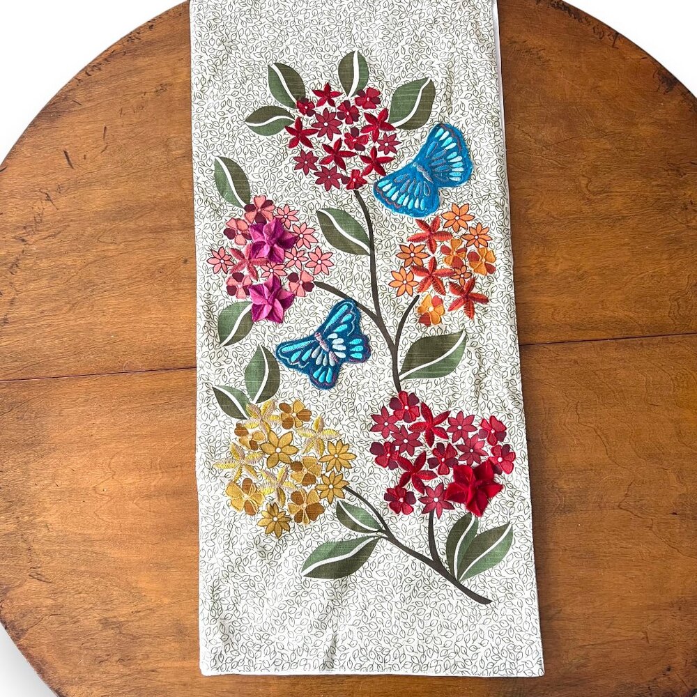 LOT OF TWO Pier 1 Table Runners Butterflies Flowers Embroidered Applique 7 foot